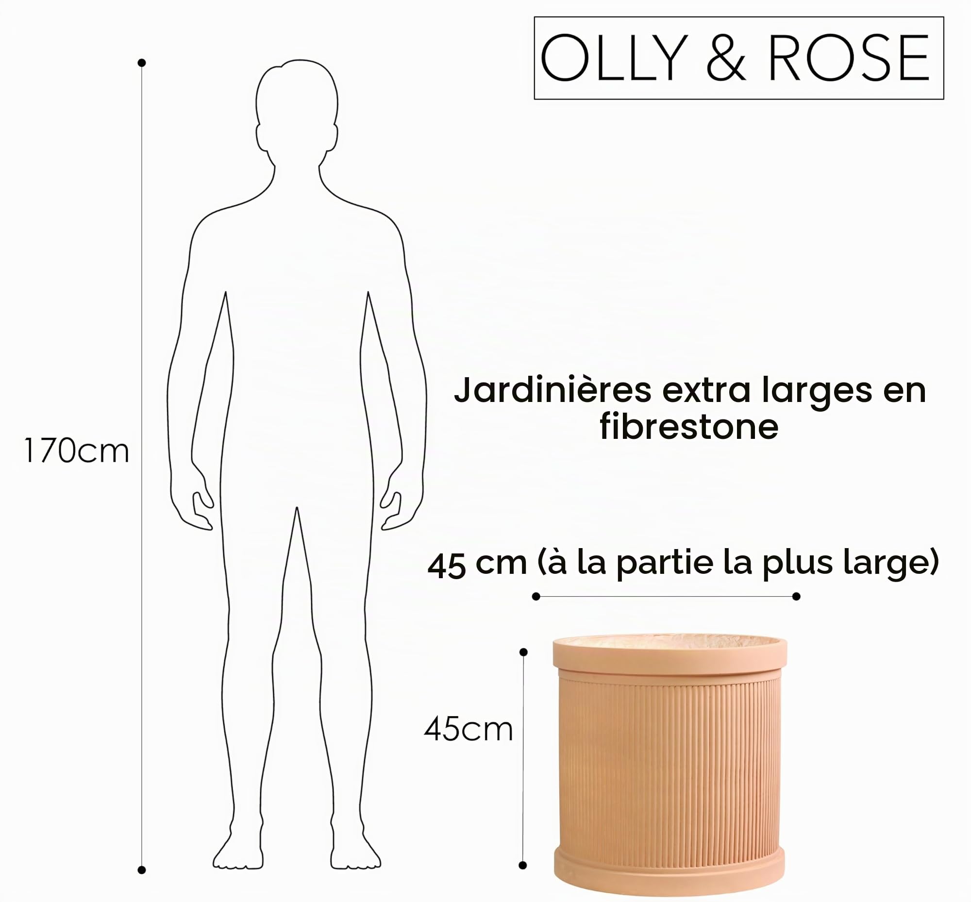 Olly & Rose Pot de fleurs en fibre de verre côtelé XL 45 cm – Grand pot de fleurs – Grand pot de fleurs en terre cuite – Grands pots de fleurs pour extérieur et intérieur