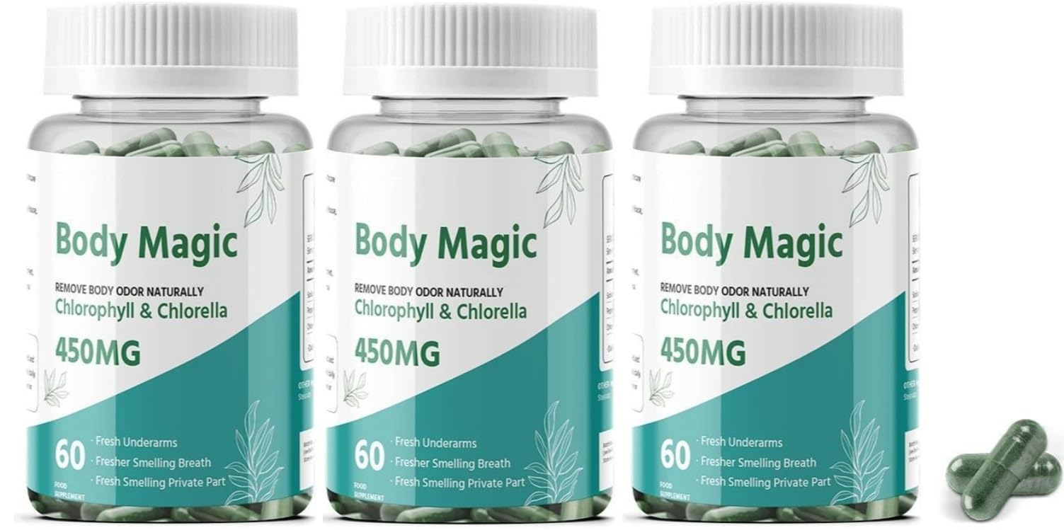 Body Magic Chlorophyll Capsules – Remove Body Odor Naturally – 60 Capsules 450 mg (Pack of 3) 60 Count (Pack of 3)