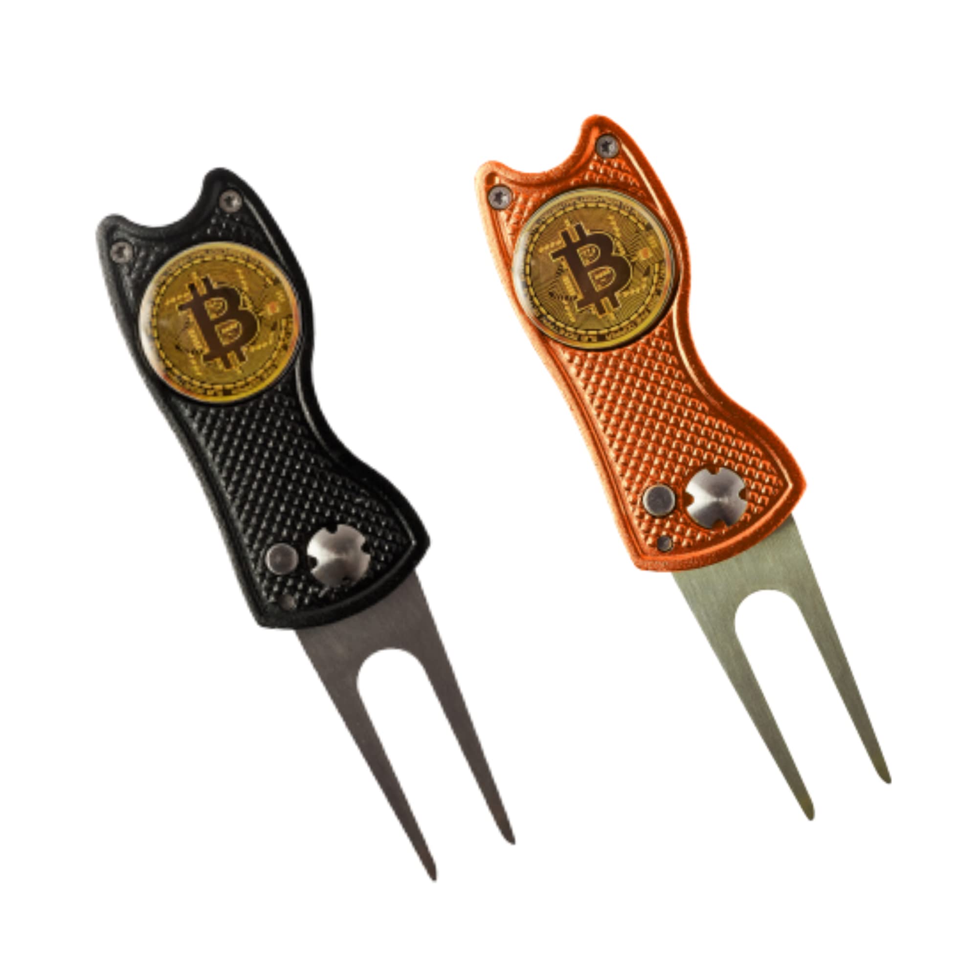 Bitcoin Divot Tool Combo Pack - Black and Orange - Halloween Addition - Golf Divot Repair Tool, All-Metal Golf Accessories - 3- in-1 (Divot Tool, Ball Marker, Club Holder) Magnetic Ball Marker