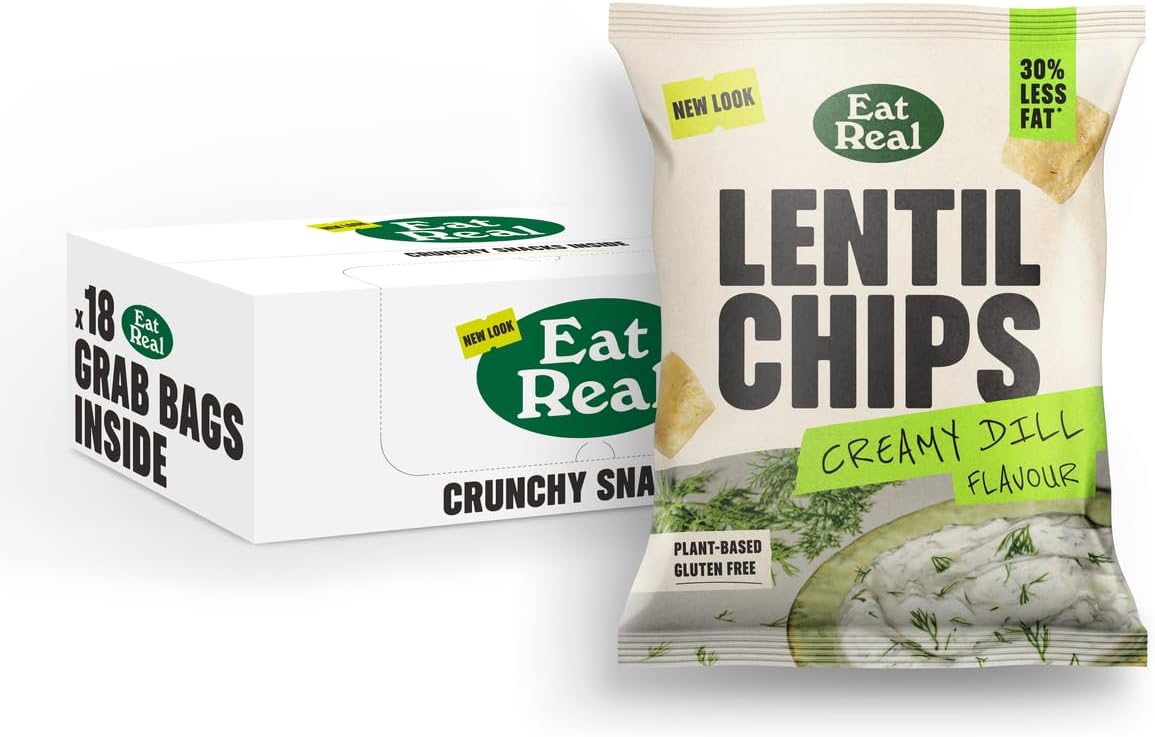Eat Real, Lentil Crisps, Creamy Dill, 18 X 40g, Gluten-free Crisps Multipack, Vegan-Friendly, Healthy Snacks, 30% Less Fat, Chip Snacks