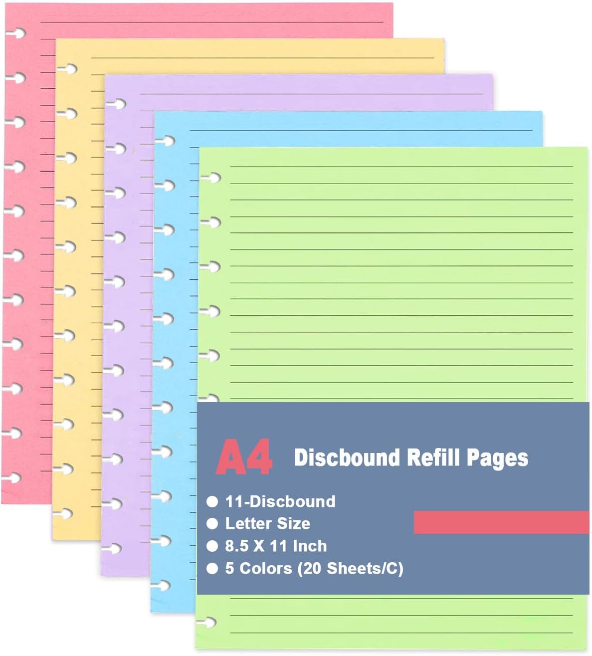 A4 TUL Discbound Lined Refill Paper, 11 Disc Hole Punched Ruled Filler Paper, Letter Size Refills Paper, 5 Colors(20 Sheets/C), Total 100 Sheets/200 Pages, College ruled, 8.5 x 11 In