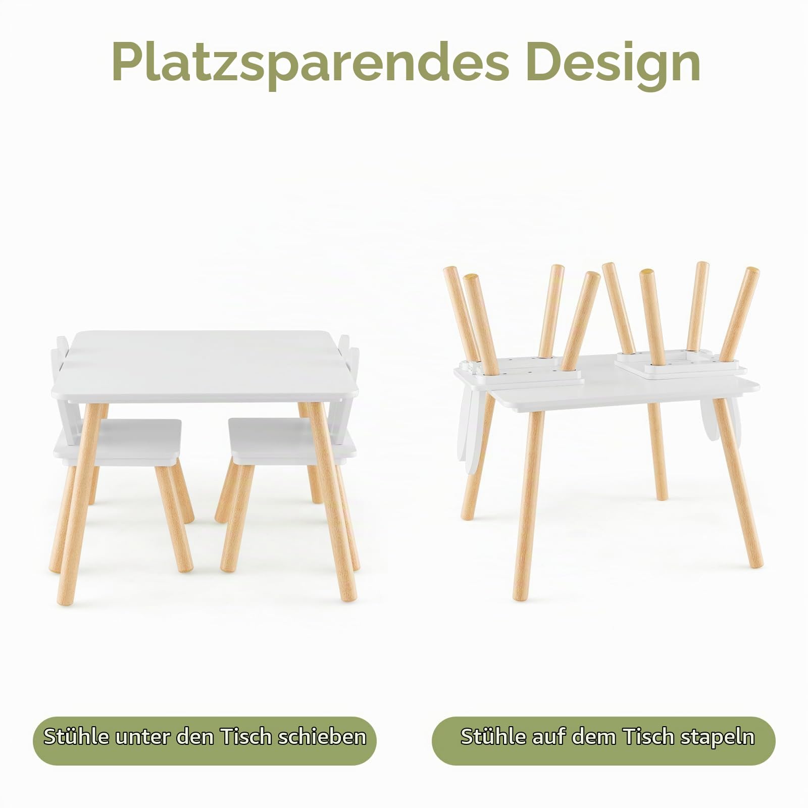 LIFEZEAL Kindertisch mit 2 Stühlen, Kindersitzgruppe mit Kaninchenohren-Rückenlehne, Kinder Tisch Stuhl Set, Kindermöbel aus Holz, Kinder Tischgruppe für Kinderzimmer & Kindergärten (Weiß)