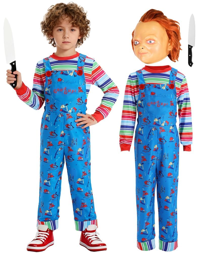 Chucky Costume per bambini, tuta Chucky con coltello adesivo per Halloween, Carnevale, Horror Killer, cosplay, ragazzi e ragazze