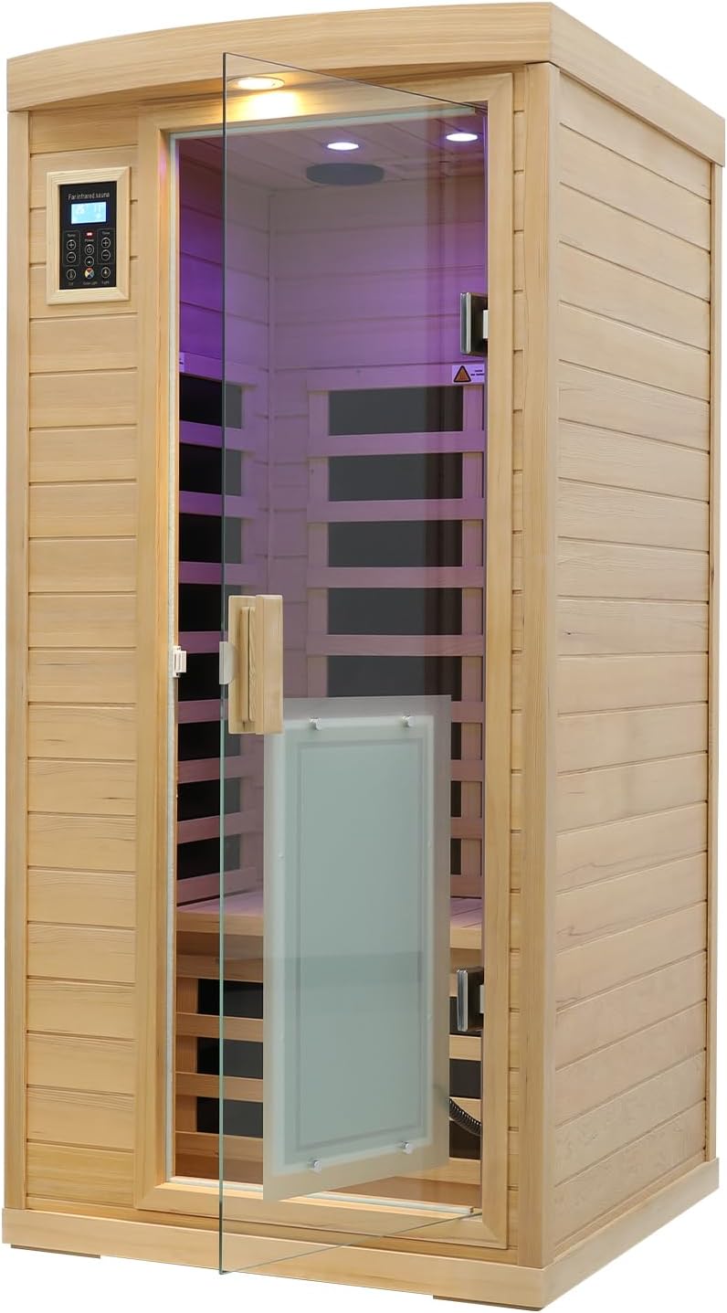 LTCCDSS 1 Person Ultra Low EMF (0-1mG) Infrared Sauna, 1460W with 8 Heaters, 2*Reading Lamps, Outdoor Lamps, Bluetooth Speakers and 3 Chromotherapy Lamps Hemlock Indoor Sauna