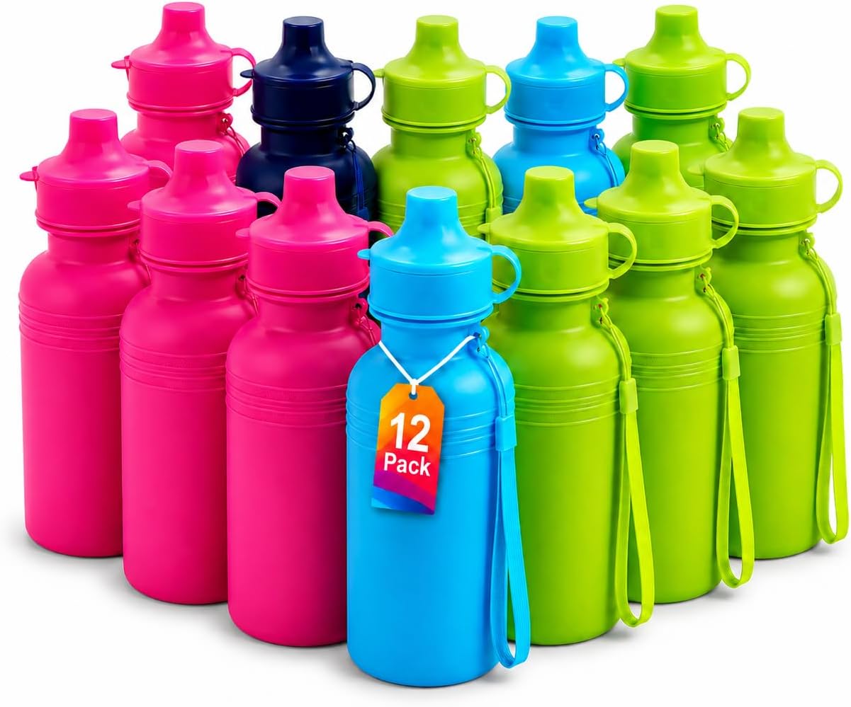 4E's Novelty Bulk Water Sports Bottles for Kids 18 oz - 12 Pack Squeeze Reusable Plastic, Neon Colors, BPA Free, Kids Water Bottles Party Favor Gift Giveaways, End of Year Student Gifts from Teacher