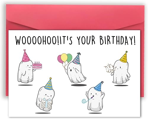 YiKaLus Tarjeta de cumpleaños de fantasmas lindos para niñas y niños, regalos de cumpleaños de Halloween para mujeres y hombres, tarjeta de