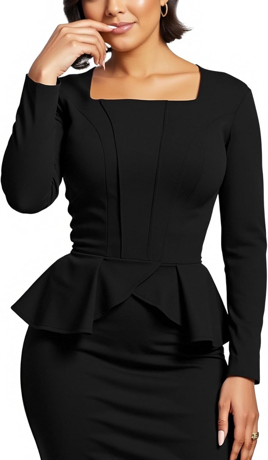 LAJIOJIO Women's Wear to Work Dresses Long Sleeve Ruffle Bodycon Slit Business Office Pencil Dress - Image 4
