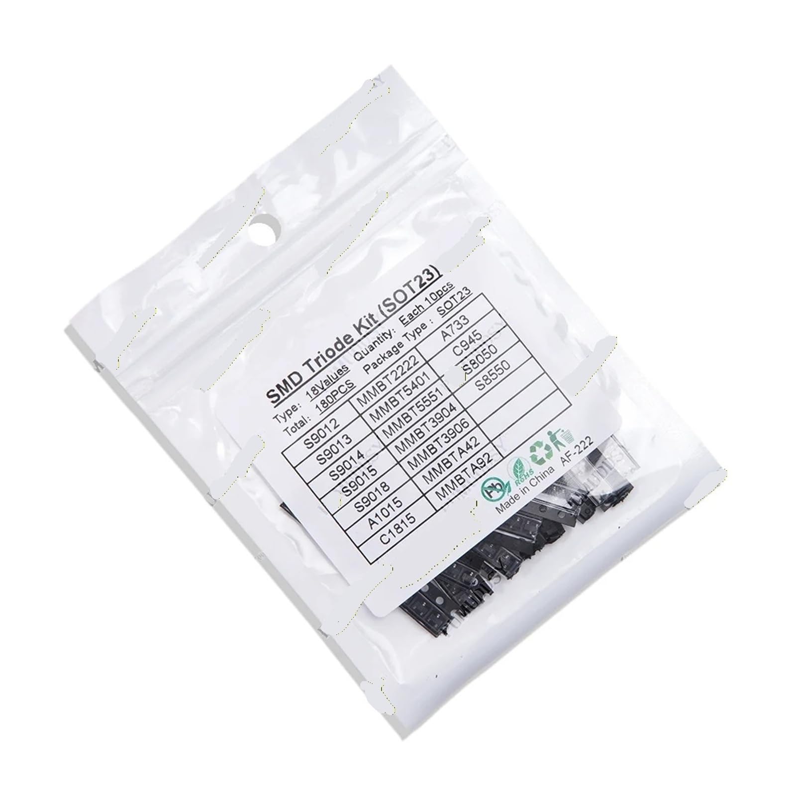 Kit surtido de transistores (sot-23) 18 tipos * 10 piezas = 180 piezas | 2n2222 S9013 S9014 S9015 S9018 S8050 S8550 5551 5401 2n3904 2n3906 C1815