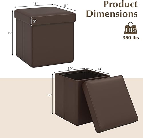 Miniatura 3 de Giantex Cubo otomano de almacenamiento, reposapiés otomano plegable de cuero de 15 pulgadas, mesa auxiliar, taburete para pies, asiento acolchado,