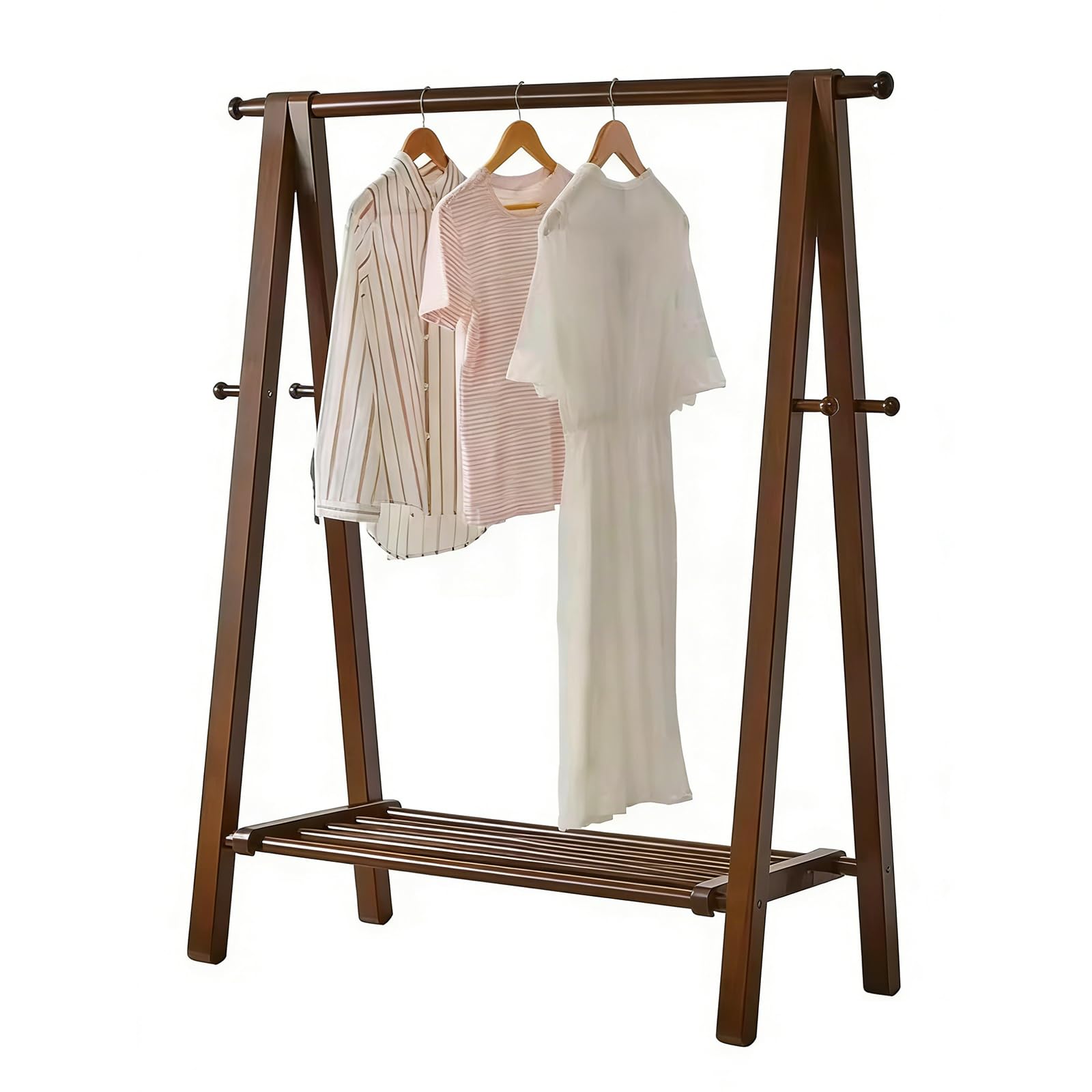 Js Space Walnut Solid Wood Clothing Rack Freestanding Garment Rack & Coat Tree Portable Closet Organizer For Entryway And Bed Room 80Cm/31.50In