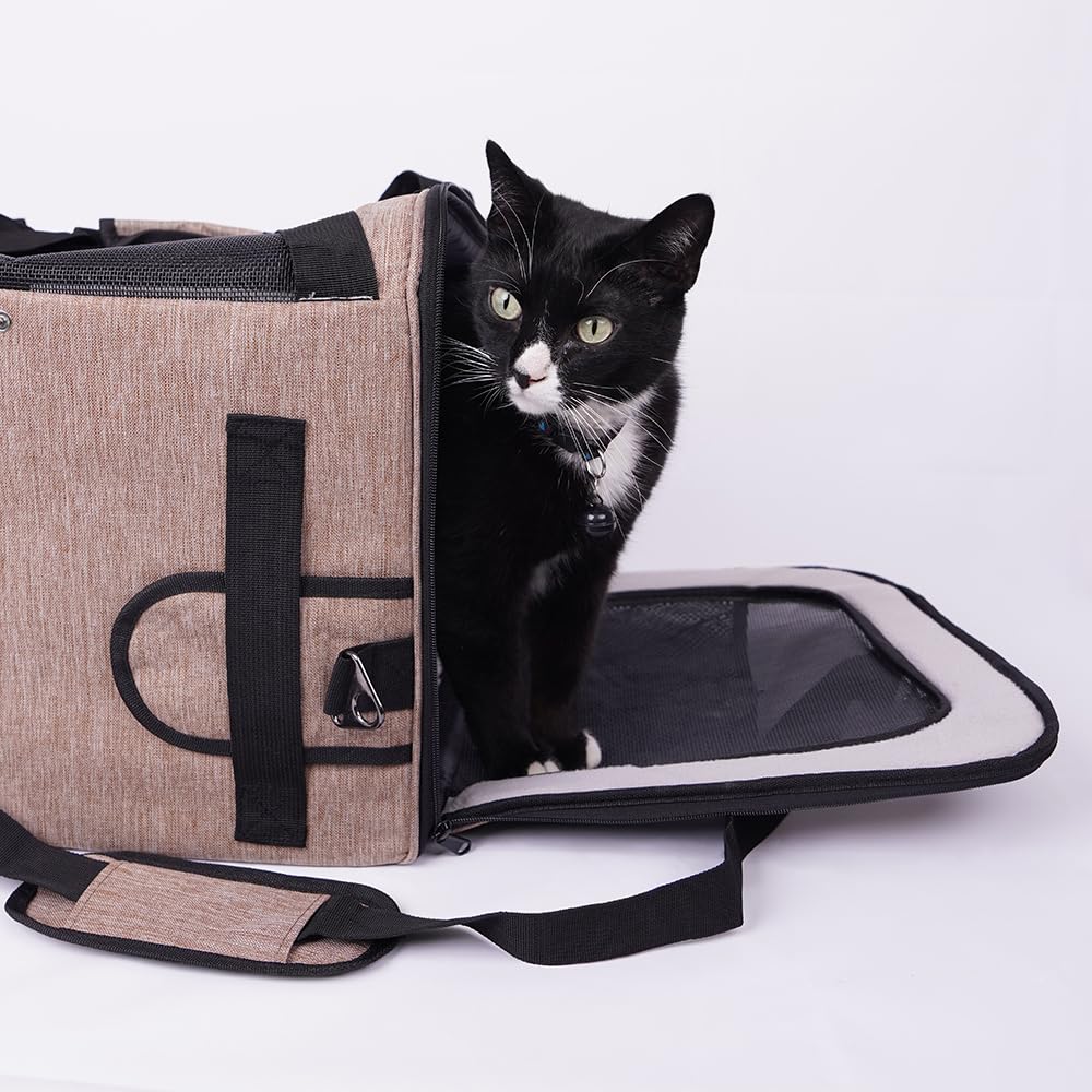 Trasportino per cani e gatti, borsa porta-cane traspirante per animali domestici, trasportino da viaggio con ventilazione, tasche laterali, due porte con tracolla per auto (Marrone, 35x40x45cm)