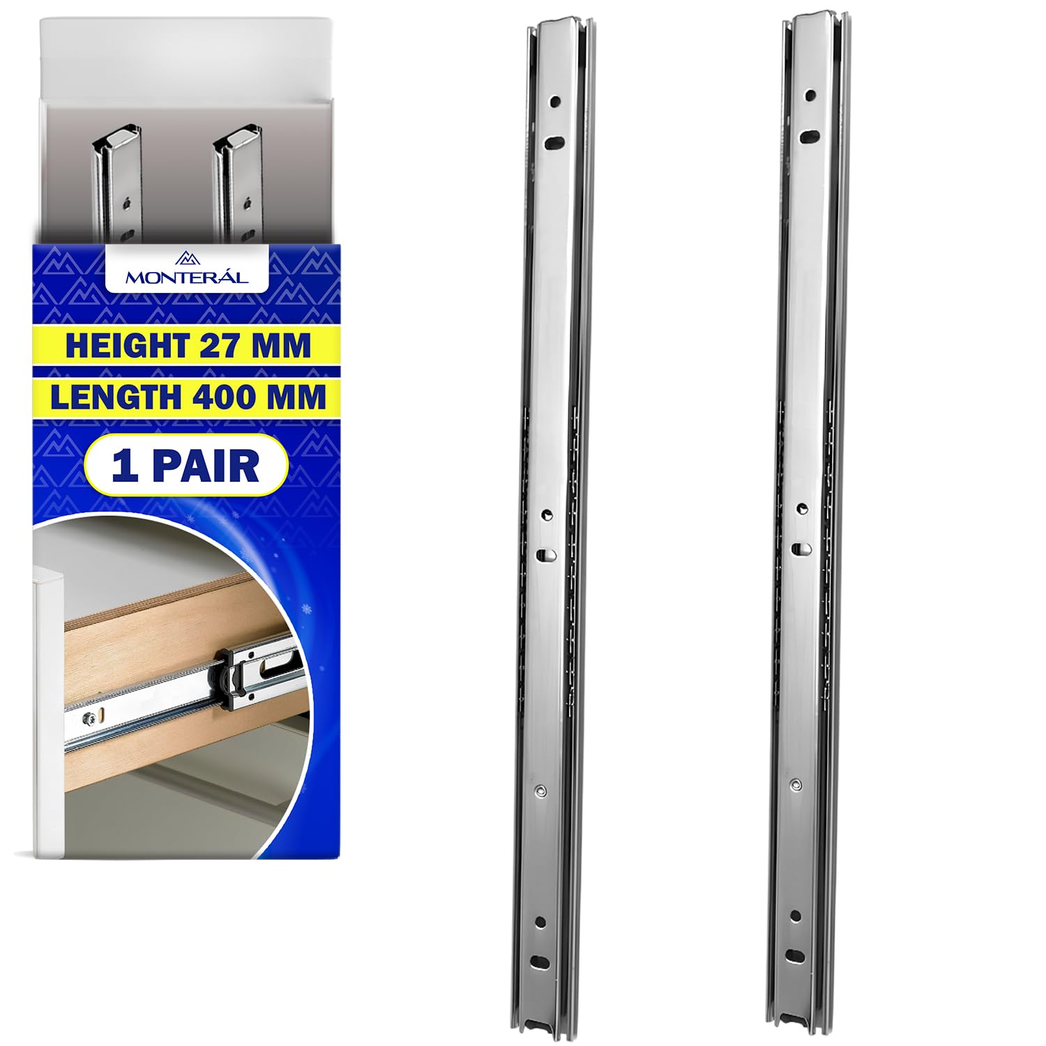 1 Pair Ball Bearing Drawer Runners 400mm x H 27 mm, Telescopic Draw Runners Replacement Have a Partial Extension of 262 mm