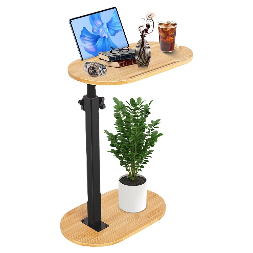 Mesa auxiliar en forma de C, mesa auxiliar de sofá, altura ajustable 360°, mesa auxiliar pequeña de 40 x 22 cm, mesa auxiliar de bambú, mesa de café pequeña con ranura para teléfono móvil