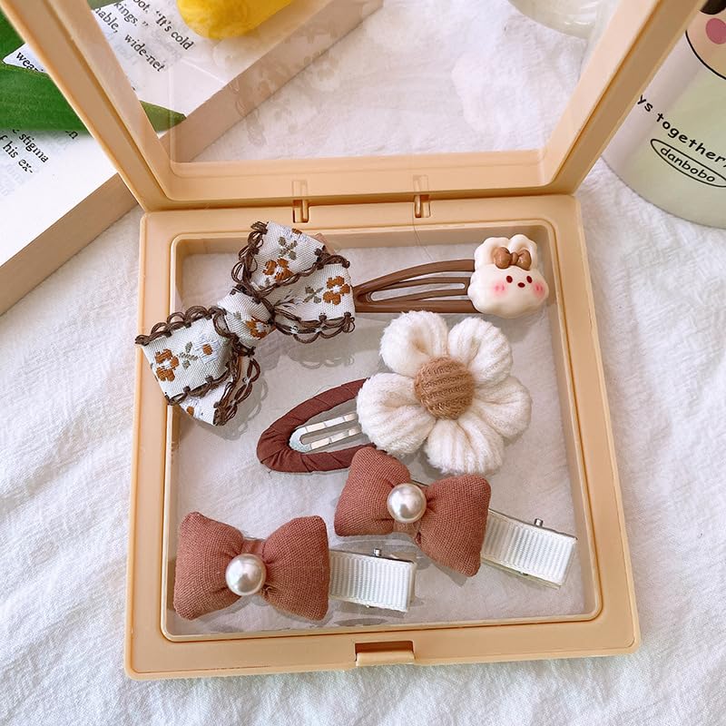 Juego de 5 pinzas para el cabello para niñas, otoño e invierno, con flores de felpa, lindas pinzas para el cabello, color café, horquillas y lazos