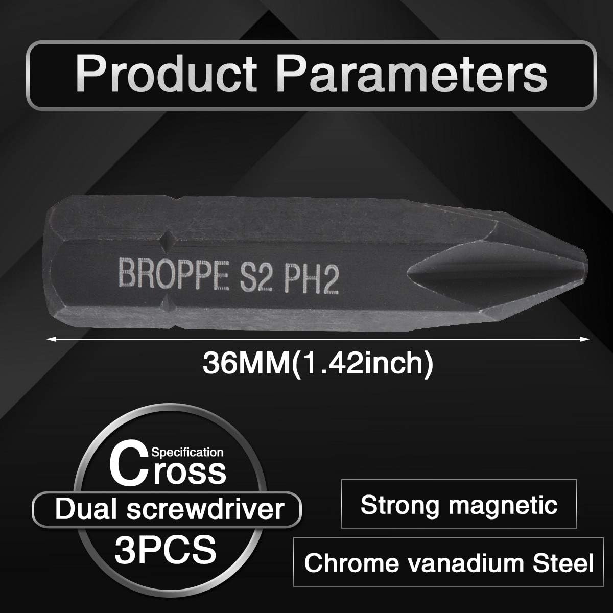 KATUR 3pcs 36mm Precision Cross Screwdriver Set Phillips Head 8mm Hex Shank Screwdriver Bits with Magnetic PH1 PH2 PH3 (36mm)