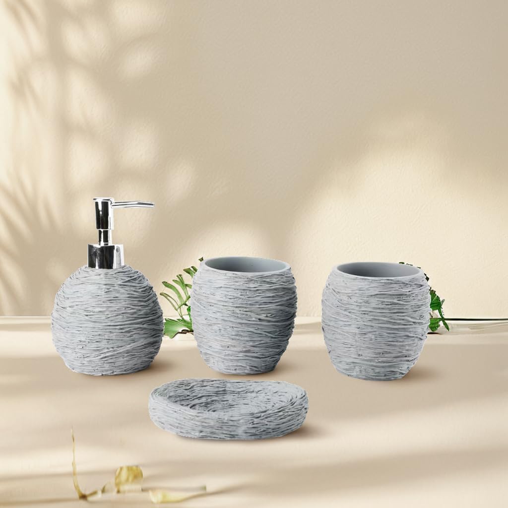 Bathroom Accessory Sets，4 Piece Bathroom Organizer Countertop with Toothbrush Cup,Soap Dispenser,Soap Dish,Tumbler，Imitated Resin Kits Retro Minimalist Style (Rattan Weave)
