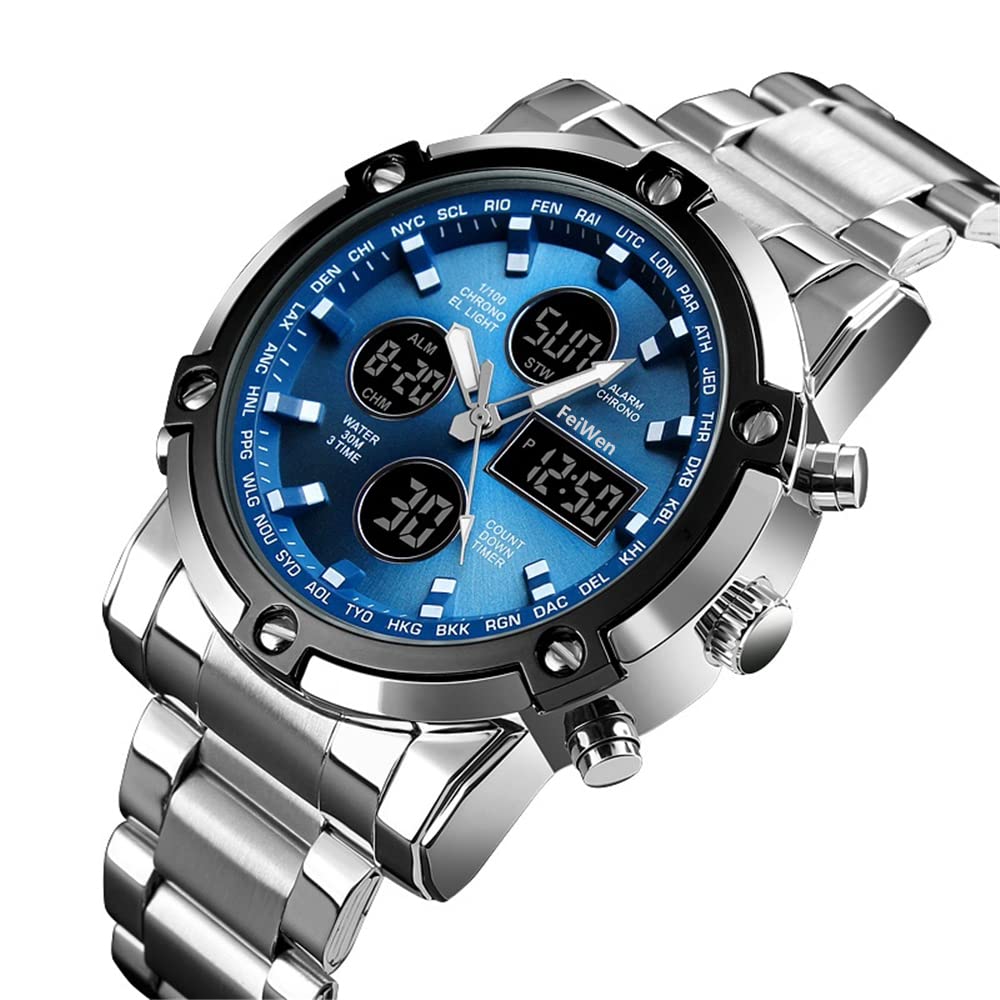 Mode Acier Inoxydable Montres Bracelet de Homme Analogique Quartz LED Digital Temps Trois Outdoor Multifonctionnel Montre Alarme Chronomètre 12H/24H Calendrier Décontracté Style