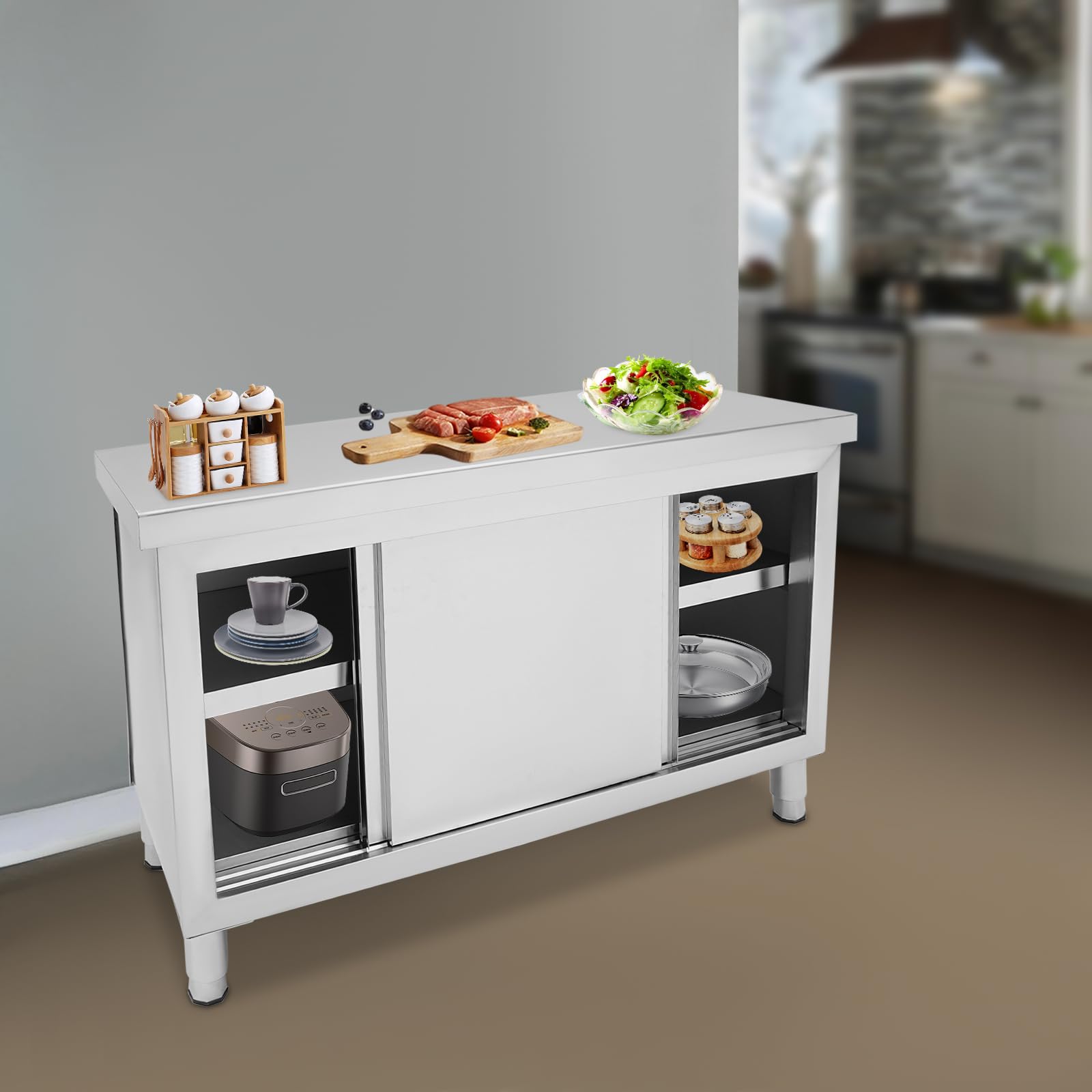 Mesa de trabajo profesional de acero inoxidable con puertas correderas y 3 pisos de 120 cm o 100 cm de longitud, para cocina y comercio, grandes cocinas, restaurantes, hoteles (mesa de trabajo