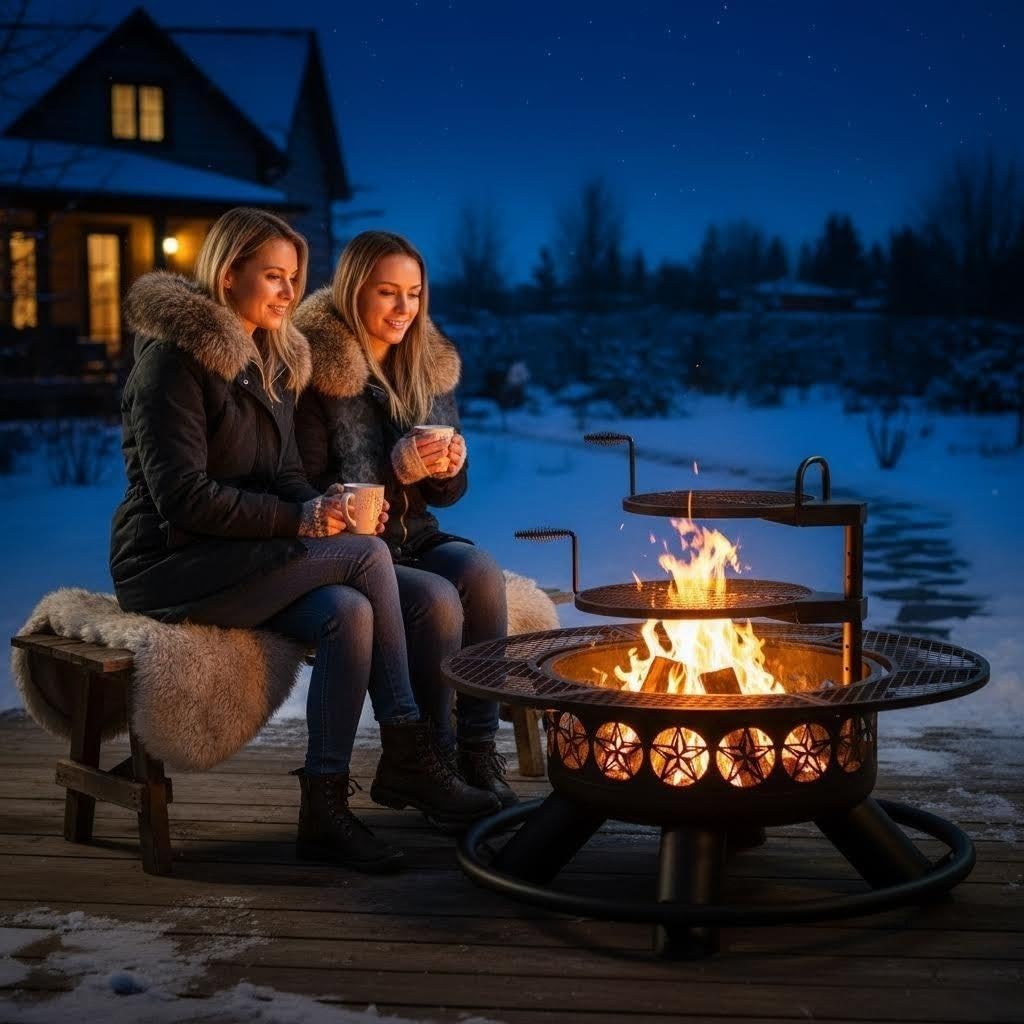 Extra Large 47 Inch Outdoor Fire Pit, 3-in-1 Wood Burning BBQ Firepit with 2 Cooking Grills, Lid and Fire Poker, Heavy Duty Round Fireplace for Backyard, Patio, Camping & Bonfire