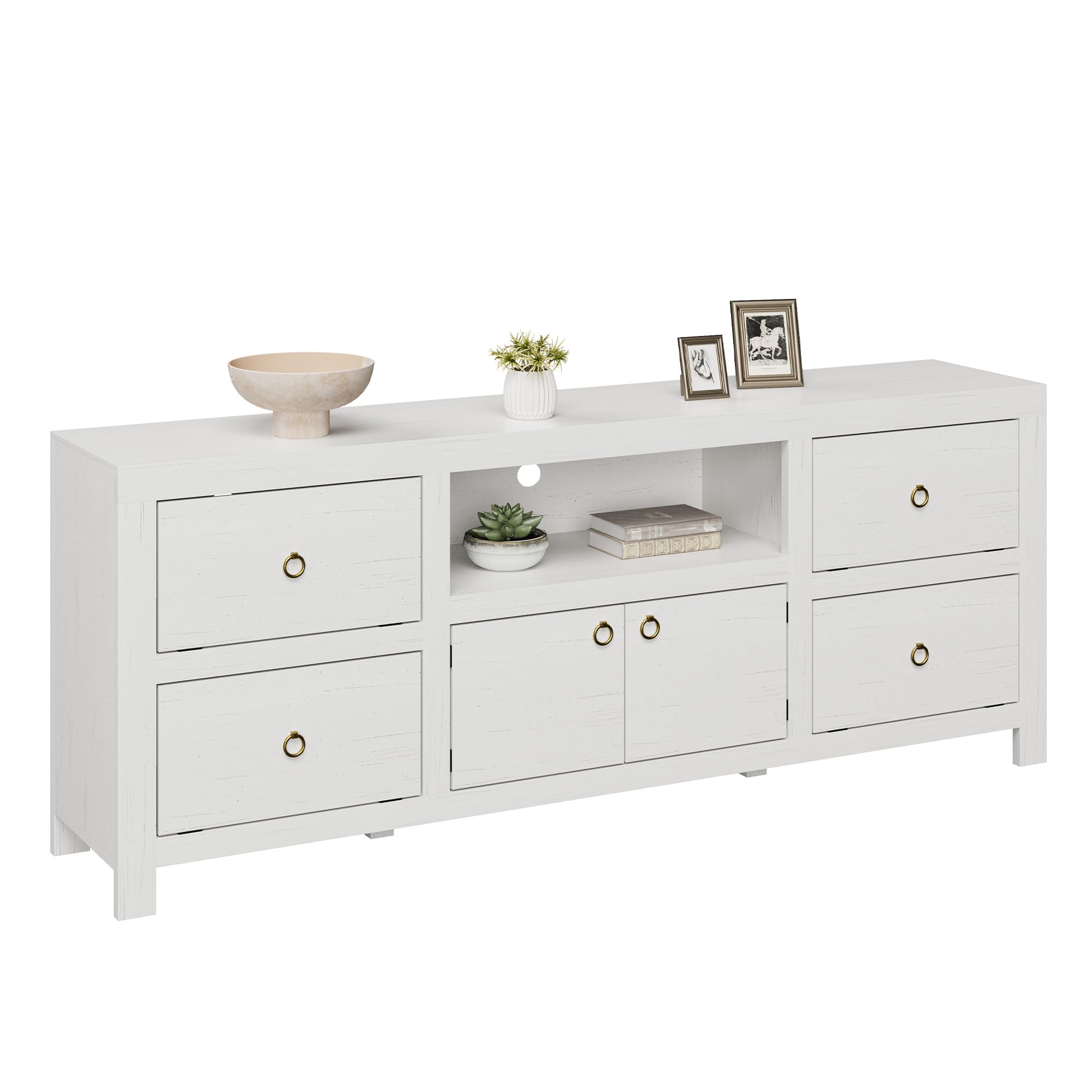 Garvee Farmhouse TV Stand for 75 80 in TVs, 70 in Long Entertainment Center with 6 Storage Drawer & Soundbar Shelf, White Television Consoles Stands