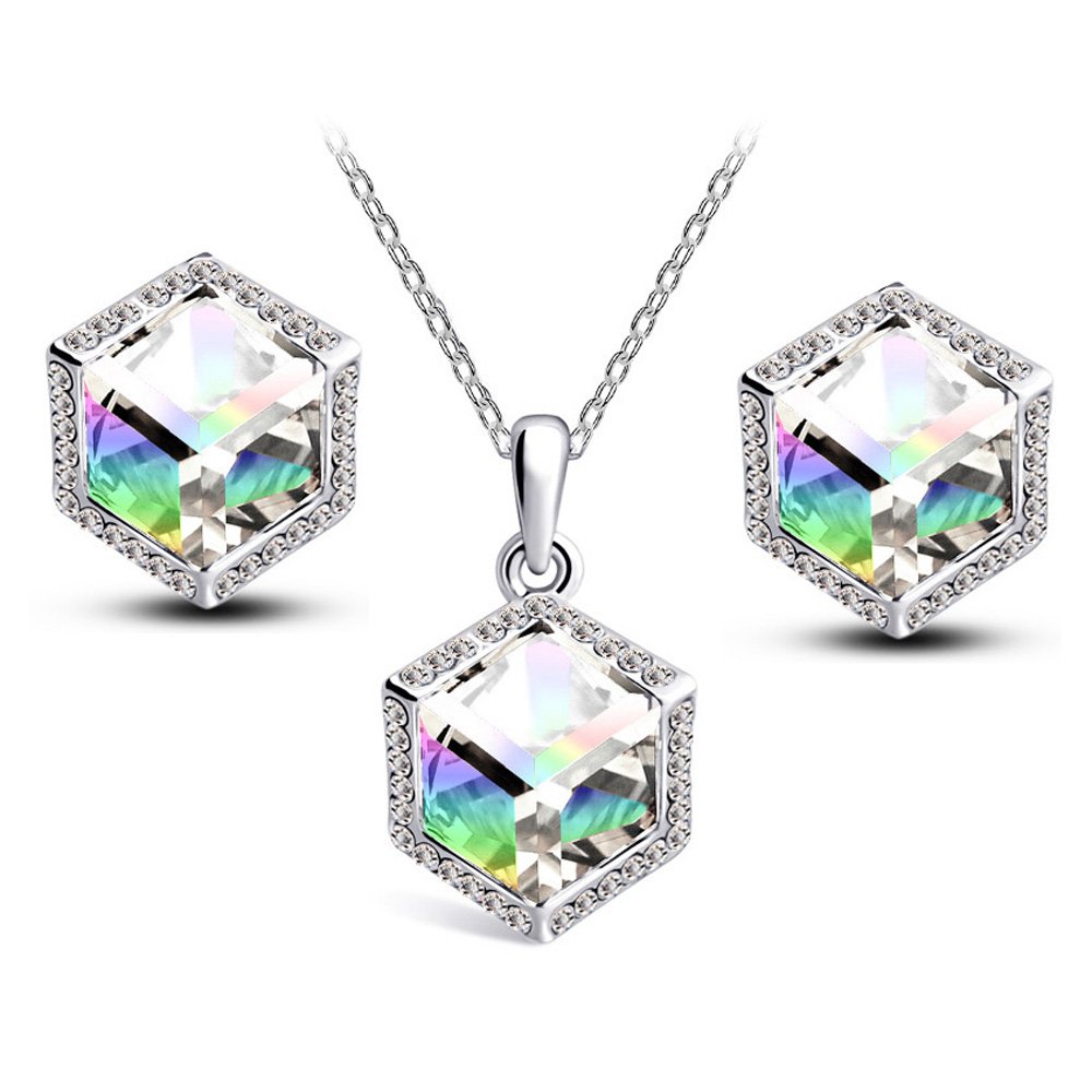 White AB Crystal Rainbow Cube Women Jewellery Set Stud Earrings & Necklace S859