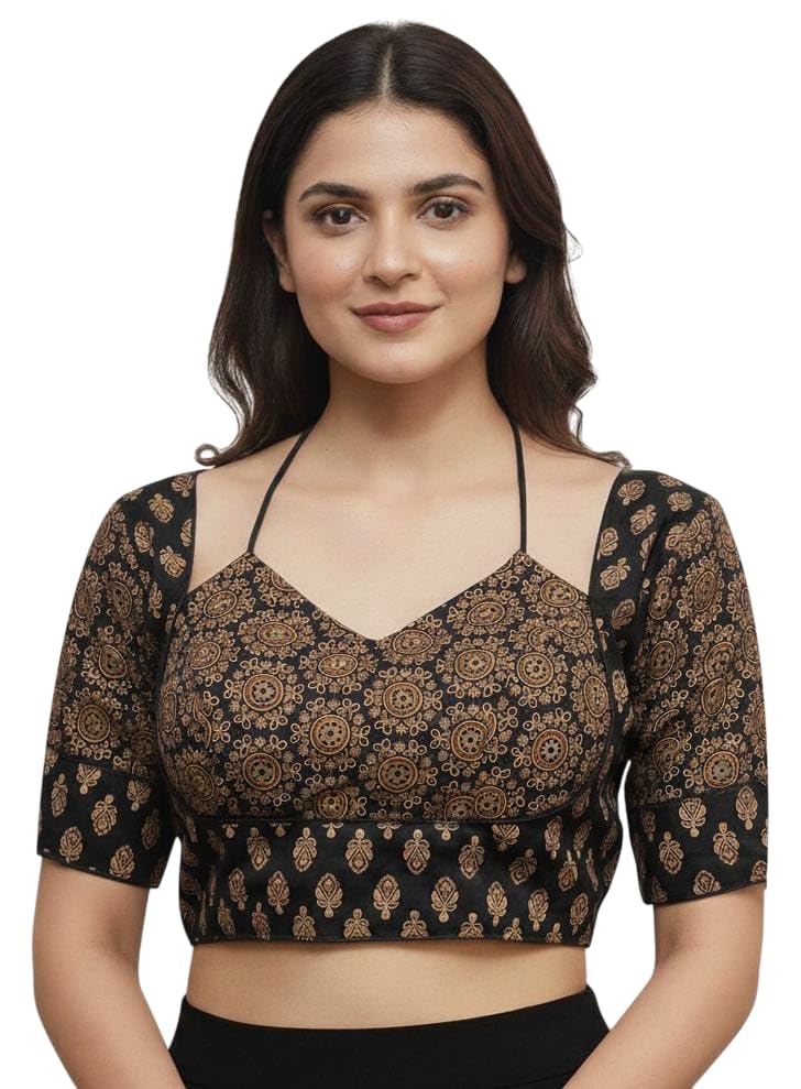 Traditional Ajrakh Block Print Cotton Blouse, Pattern, Open Back Design, Short Sleeves, V-Neck-picture-36