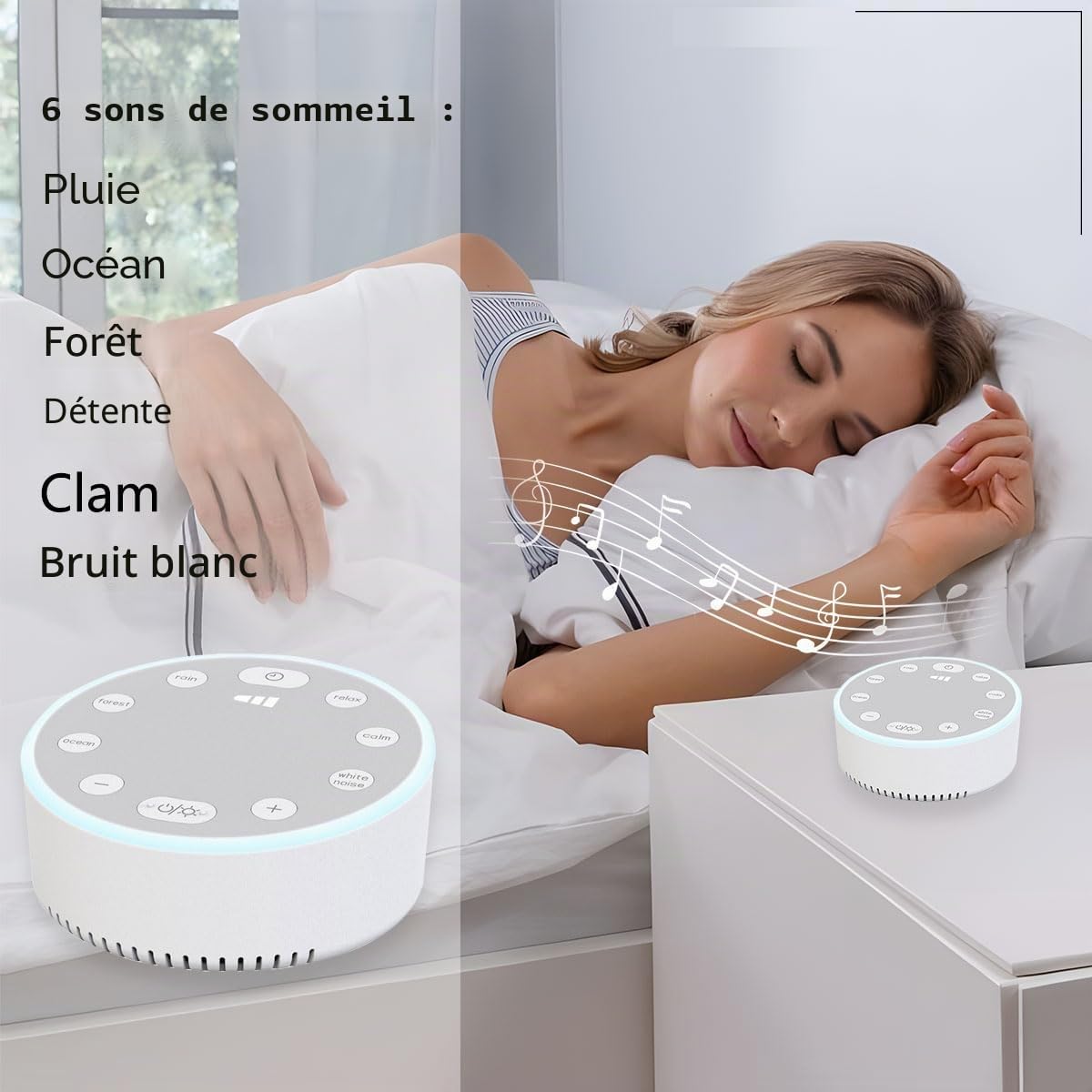 Machine à Bruit Blanc, Machine à Bruit avec Veilleuse pour Enfant Adulte, Bruit Blanc Bebe, 3 Réglages de Minuterie, 6 Sons, Rechargeable par USB