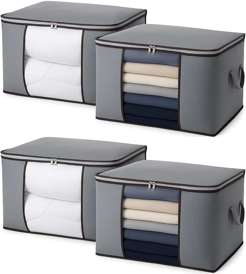Kit 4 Sacos Organizadores Reforçados 90L para Roupas e Edredons – Visor Transparente, Zíper Resistente, Alças Laterais, Dobráveis e Empilháveis – Ideais para Closet, Cama, Brinquedos e Viagens