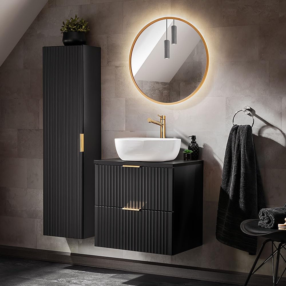 Lomadox Badezimmer Möbel Set, 60cm Waschtisch mit Keramik Aufsatzbecken, matt schwarz mit gerillter Front, B/H/T ca. 110/200/46,5 cm