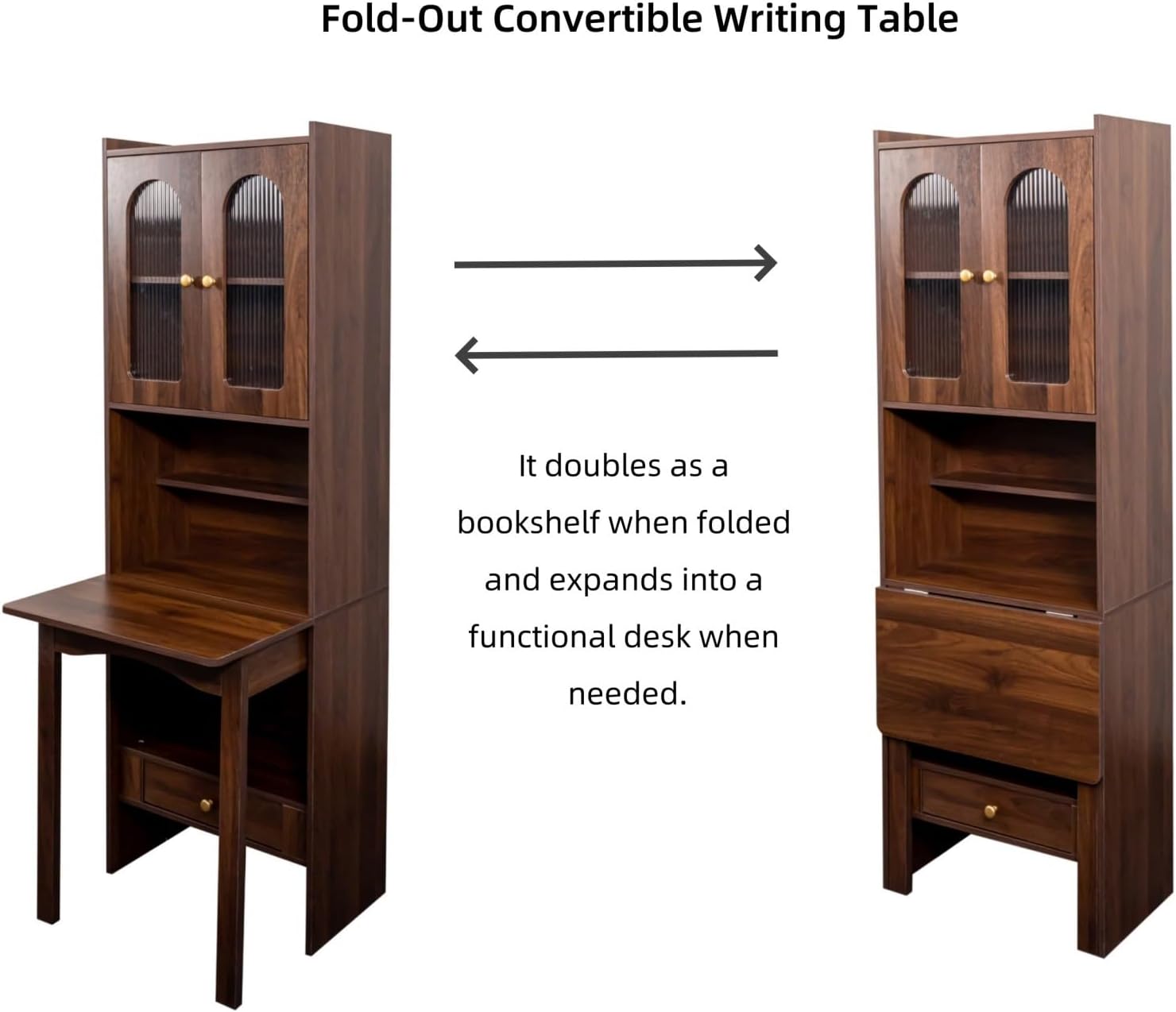 KEIKI Fold-Out Home Office Desks Writing Table with Glass Doors, Drawers, Bookshelf & Storage Shelves, Modern Wooden Convertible Workstation for Work, Study
