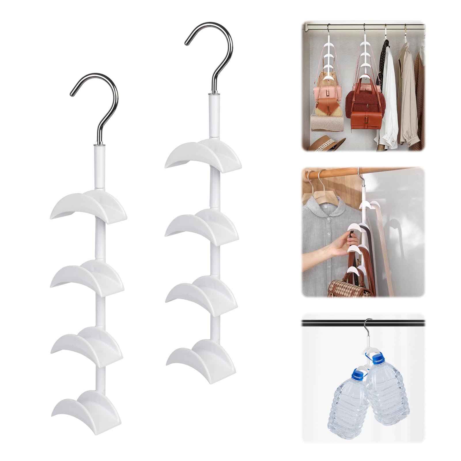 Minicoco 2PCS Swivel Handbag Hooks Bag Organiser with 4 Hooks Space Saving Scarf Handbag Belt Hook Organiser Display Stand (White)