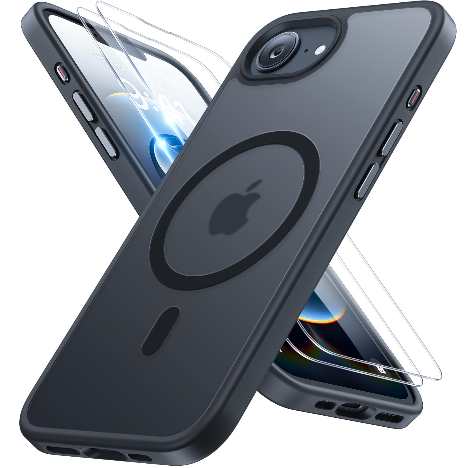 Miracase for iPhone 16e Case for MagSafe [with 2×9H+ Screen Protectors] TOP Military-Grade Protection Shockproof Scratch-Resistant with Velvet Touch for iPhone 16e Phone Case 6.1" Matte-Black iPhone 16e Black