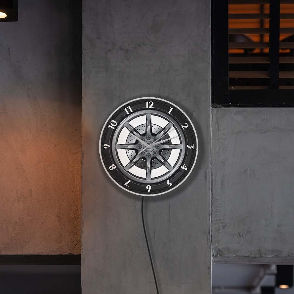 Geek Alerts Car Service Repair Custom Text LED Luminous Wall Clock,Garage Owner Auto Tire Wheel Silent Quartz Watch with 7 Color Changing Light Vintage Cool Mechanic Gift Ideal for Car Workshop