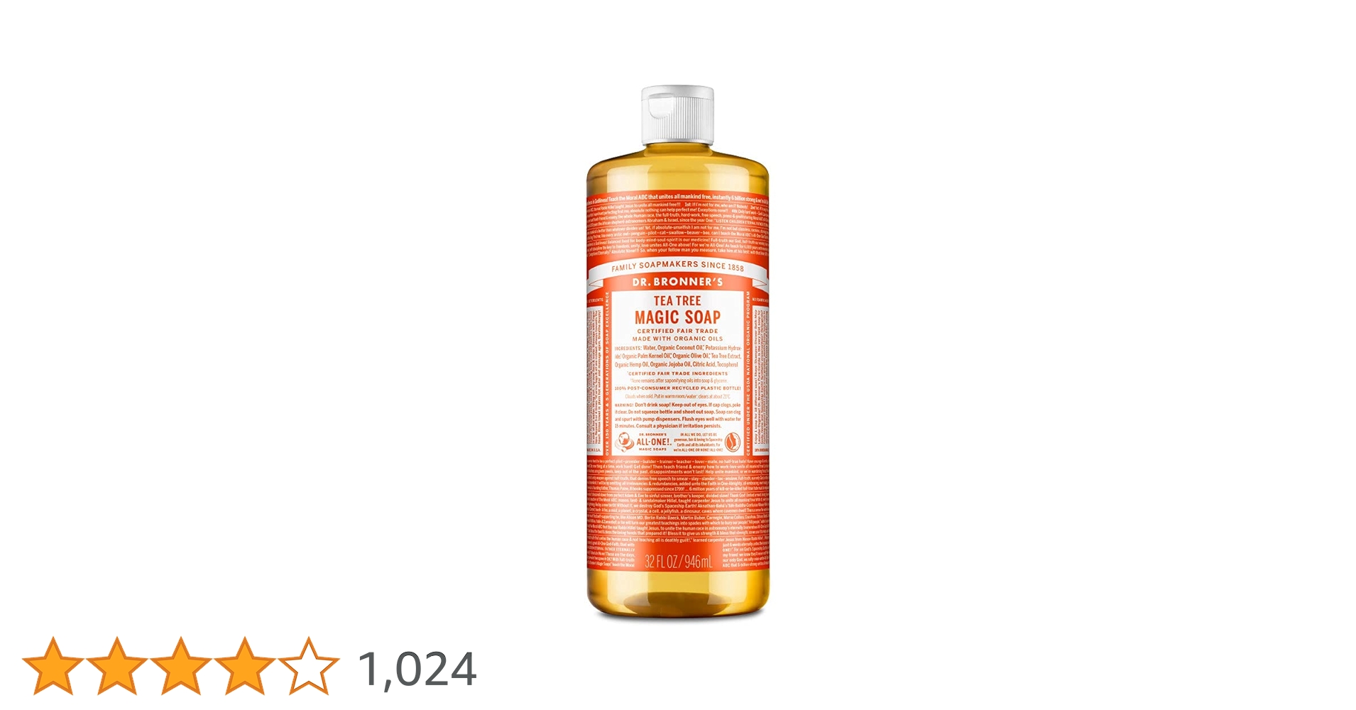 マジックソープ　ドクターブロナー　ティーツリー　946ml×4本 楽天市場】【送料無料】ドクターブロナー マジックソープ ティー