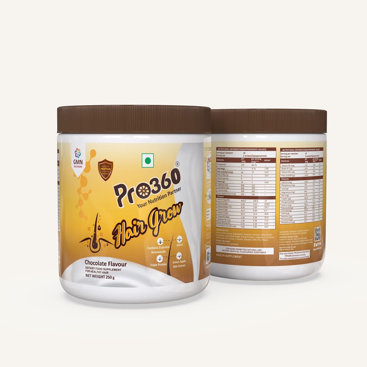 Pro360 Hair Grow Protein Powder for Healthy Hair Growth Nutrition Supplement for Men and Women - Enriched with Biotin and Green Apple Skin Extract - Chocolate Flavor (250+250) g (Pack of 2) 2