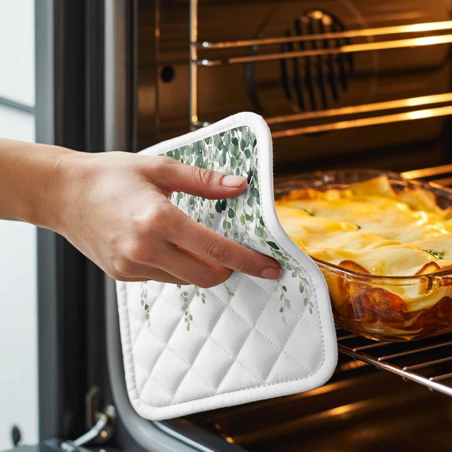 5 Pack Pot Holders for Kitchen, Green Eucalyptus Branches Hot Pads for Kitchen Countertops Oven Pot Holder Bulk, Spring Botanical Leaves Vines Heat Insulation Potholders with Hanging Loops