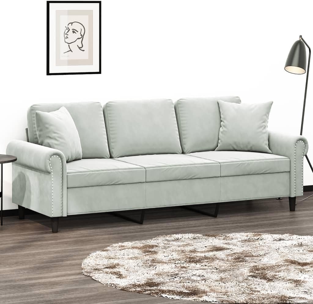 3-Seater Sofa Light Grey Velvet (100% Polyester) Living Room Furniture
