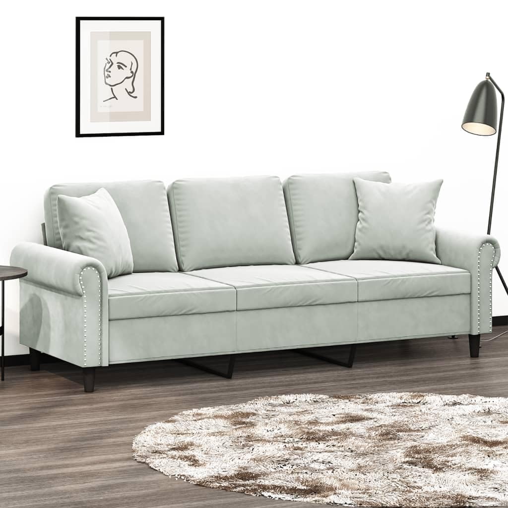 Yamxder Canapé 3 places, gris clair, 212 cm, en velours, design moderne avec coussin décoratif, construction en métal robuste, canapé-lit confortable pour les petites pièces, salon, bureau