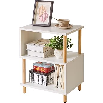 Aibiju White Side Table Bedside Coffee Table Sofa Table with 2 Open Compartments for Bedroom Living Room White + Wood Legs YD-TM152W