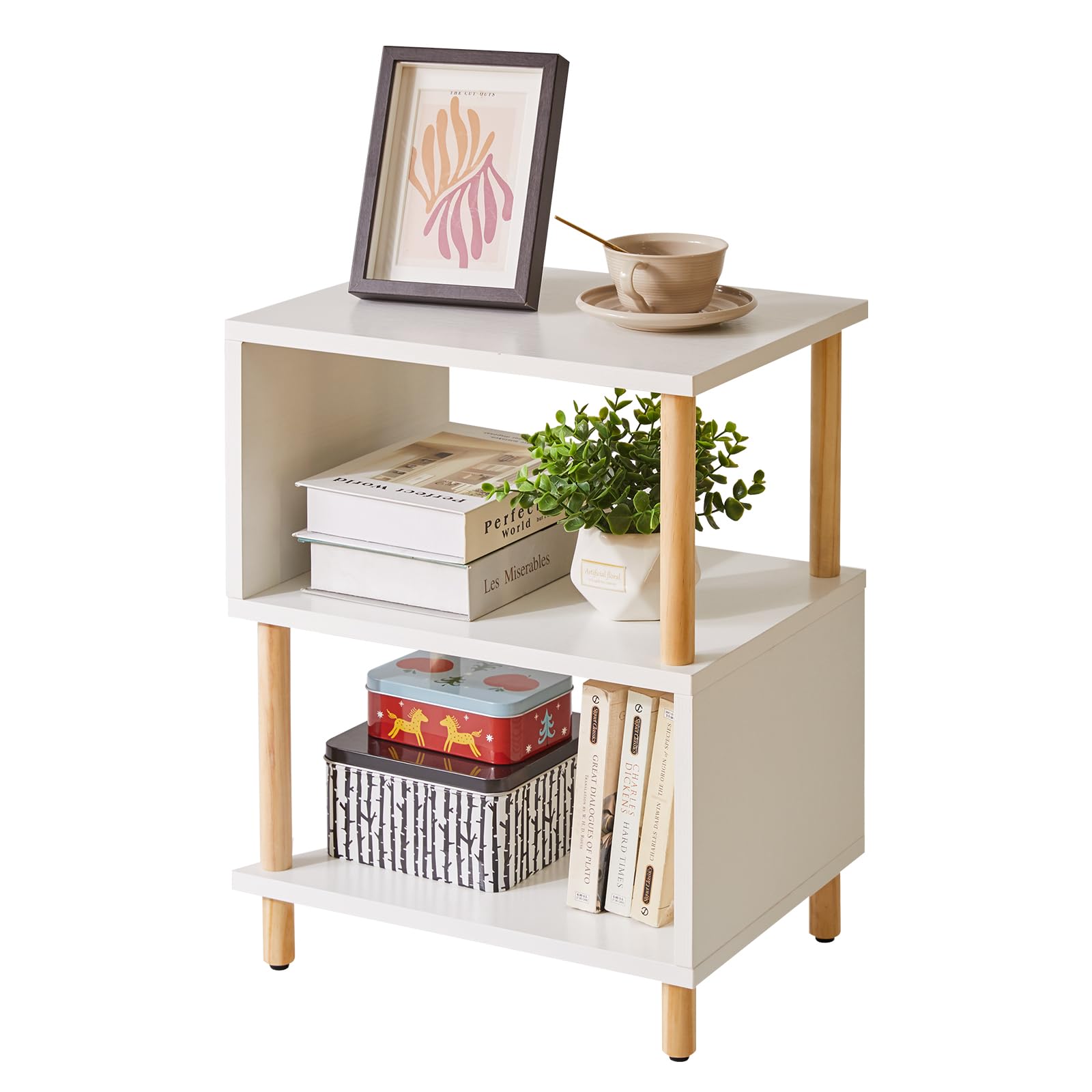 Aibiju Weißer Beistelltisch, Nachttisch， Kaffeetisch, Sofatisch mit 2 offenen Fächern für Schlafzimmer, Wohnzimmer, Weiße + holzfarbene Beine, YD-TM152W