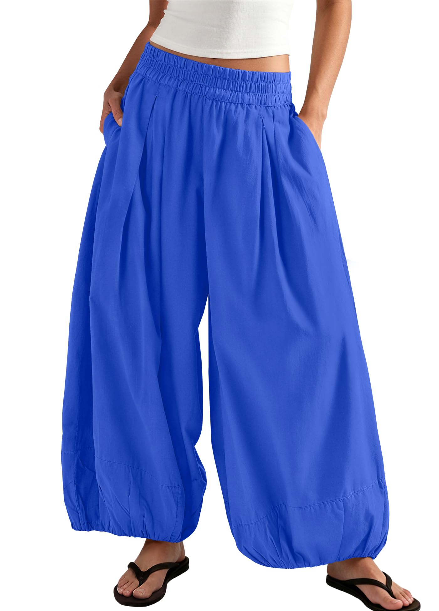 ReachMe Women's Elastic High Waist Wide Leg Balloon Pants Medium Royal Blue