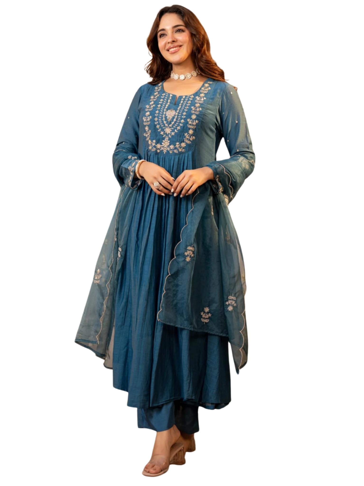 Women Chanderi Silk Embroidered Kurta Pant Dupatta Set | Ethnic Wear | 2.25m Dupatta | S-XXL | Green & Teal Blue-image-0