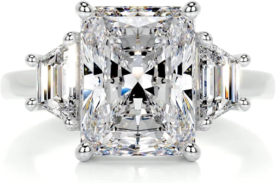 5.5 TCW Radiant Cut Moissanite Ring Three Stone Engagement Wedding Rings for Women Diamond Silver 10K 14K 18K Solid Gold Anniversary Promise Gift for Her (14K Solid White Gold)