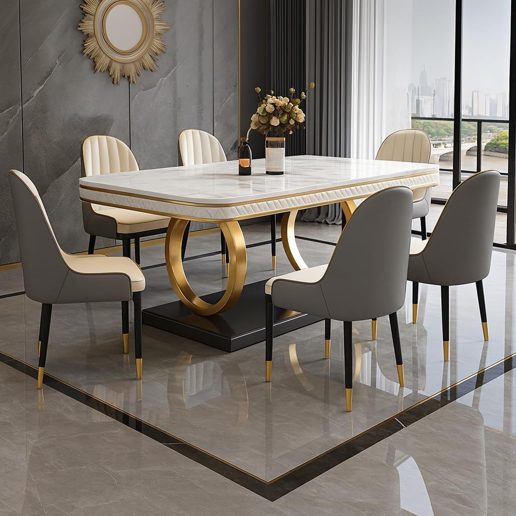 PAAM WOOD 6-Seater Dining Table with Nano Composite Marble Top and PVC Golden Wooden Base |2yr Warranty - Includes 6 Fabric Upholstered Chairs (Grey&Cream, White Nano Composite Marble Top)