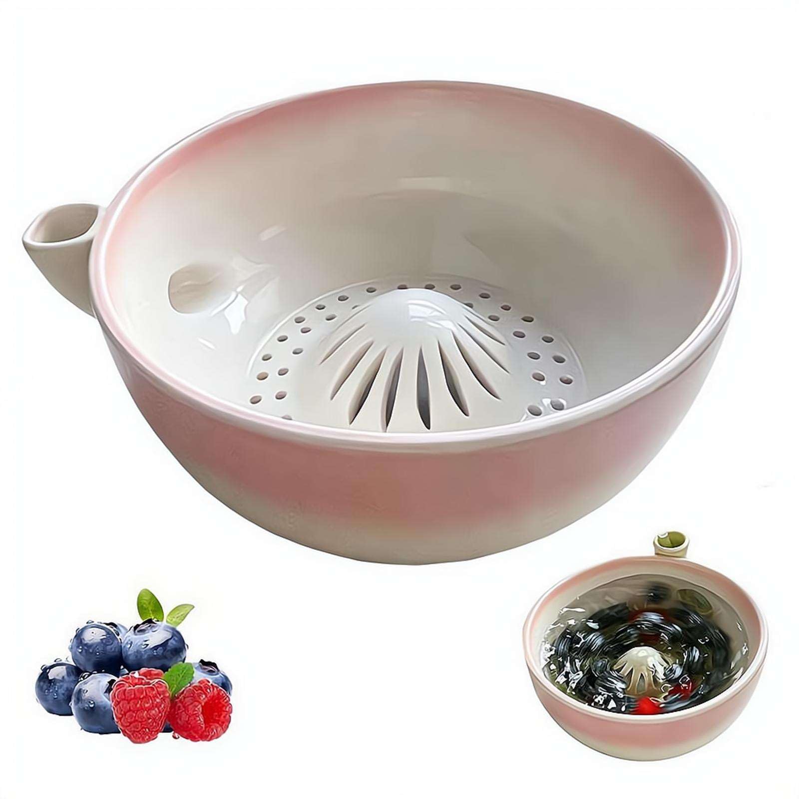 Berry Bowl, Ceramic Berry Washing Bowl with Self Spinning Function, Fruit and Vegetable Washer with Drain, Fruit Washer Spinner Rinse Basket for Strawberries, Blueberries