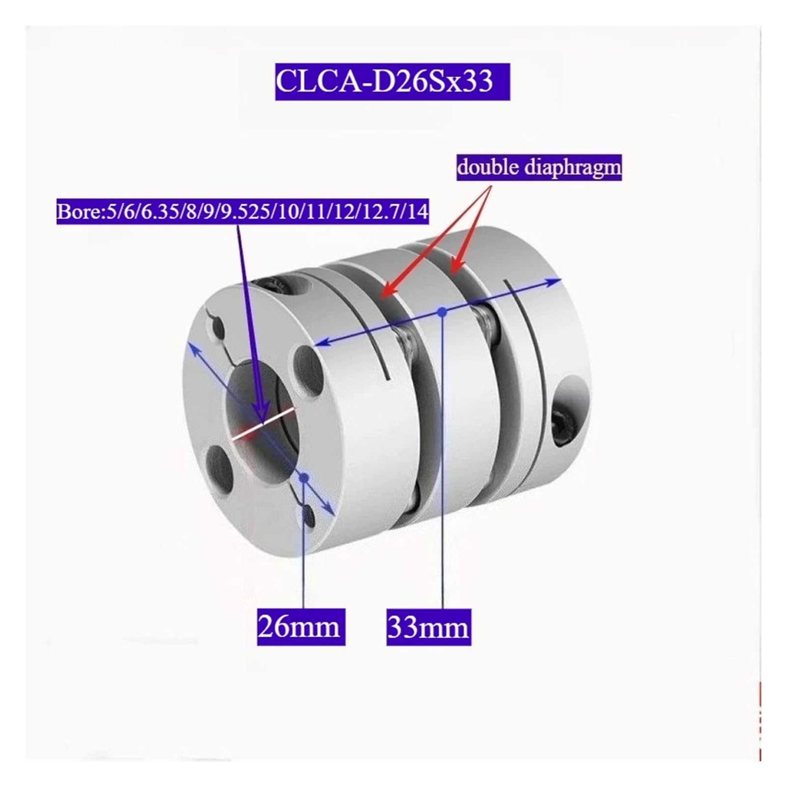 Accouplement à double diaphragme 26x33mm, couplage Flexible en alliage d'aluminium 5-14mm(5mm to 11mm)