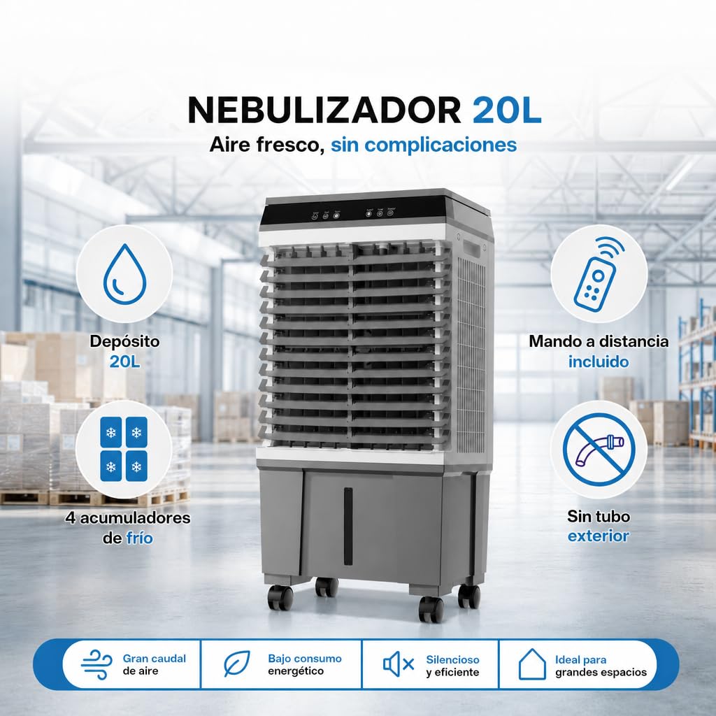 Climatizador Evaporativo Industrial 20L | Sin Tubo Exterior | Naves, Talleres y Terrazas hasta 20 m² | 65W | 3 Velocidades | Mando a Distancia | 4 Acumuladores de Frío | Oscilante | Portátil
