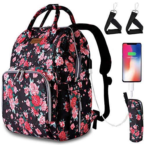 Qwreoia Floral Diaper Bag Backpack With Usb Charging Port Stroller Straps And Insulated Pocket, Travel Bag Nappy Backpack For Women/Mum (Red Flower Pattern) #TOP25