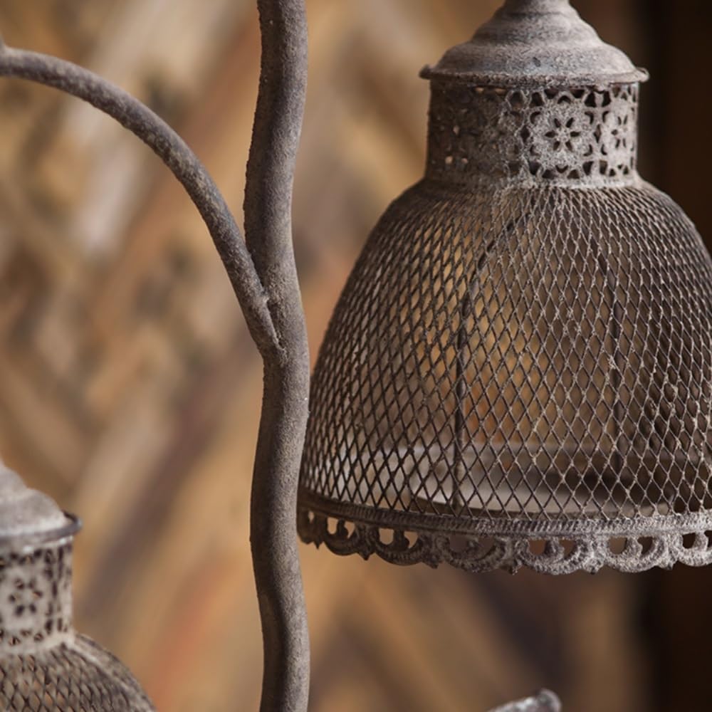 Vintage Industrial Metal Candle Holder, Rustic Dual-Lantern Table Decor, Freestanding Iron Candelabra for Home & Garden