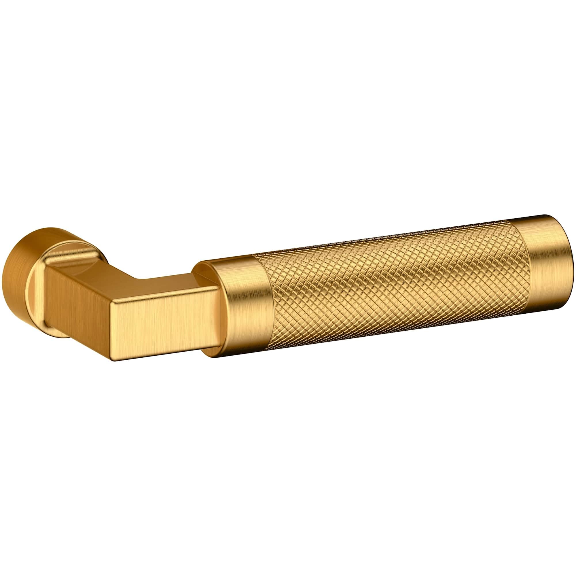 Baldwin L030 Gramercy Knurled Right Handed Single Door Lever in Lifetime Satin Brass finish, installed on a modern gray door.